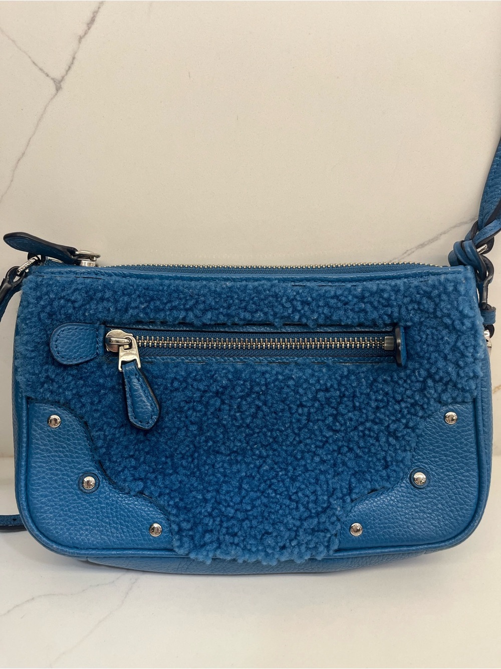Coach Blue Shearling & Pebbled Leather Crossbody Bag - Picture 4 of 11